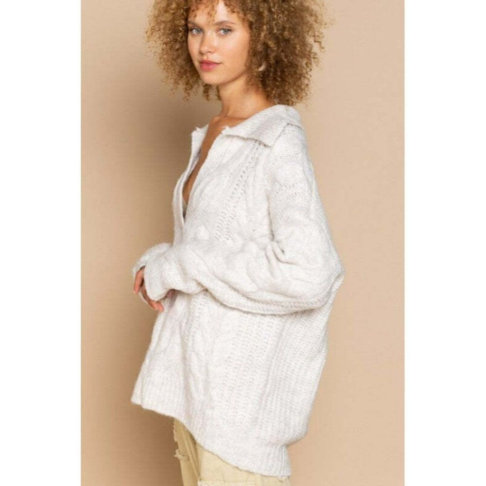 POL Clothing Light Taupe Cream Color Cardigan Oversized Cable Sweater FST312 - Picture 4 of 5